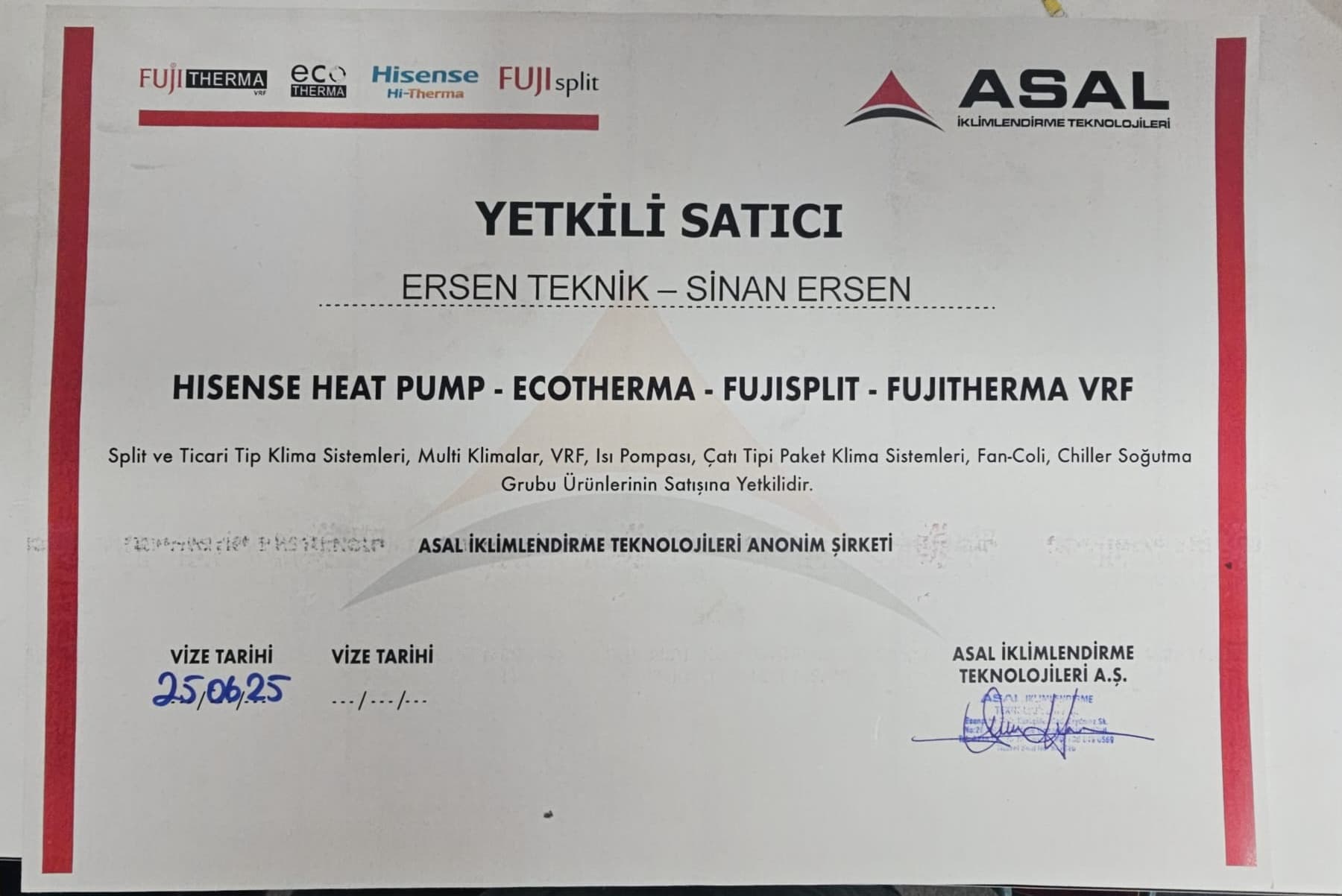 ASAL / Hisense Yetkili Satıcı Belgesi