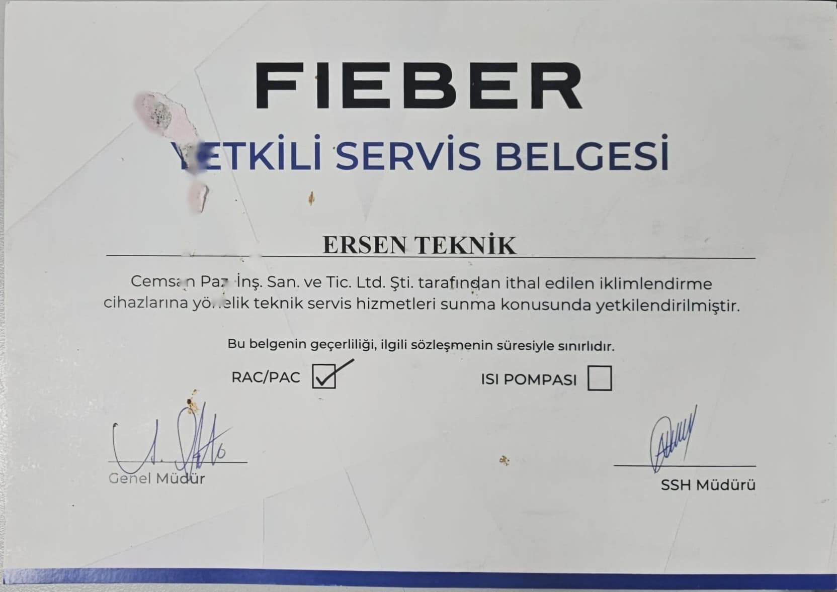 Fieber Yetkili Servis Belgesi
